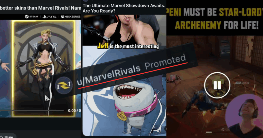 Three official Marvel Rivals Reddit cringe ads with Emma Frost skins