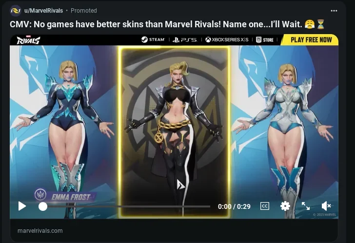 Emma Frost Skins ad with 3 skins including white, blue, and black. Cringe Marvel Rival Ads on Reddit.