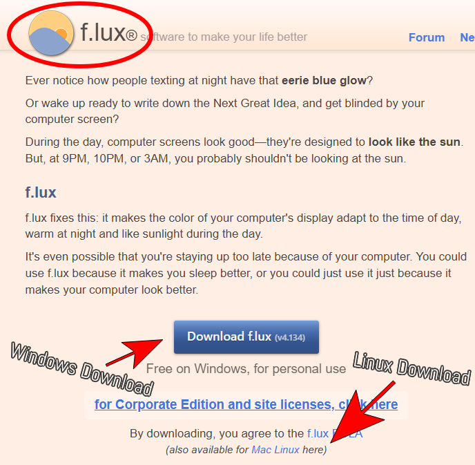 edited screenshot of f.lux main page for simplicity and tutorial