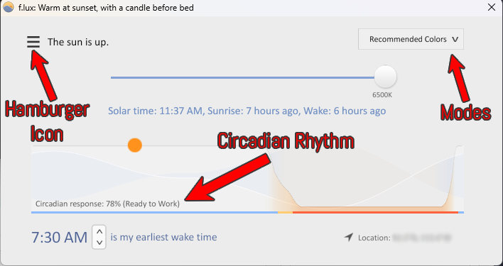 F.lux app main menu and controls